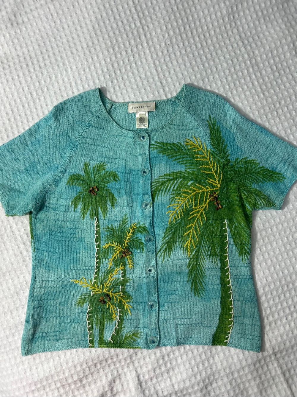 Susan Bristol Seafoam Green Palm-Embroidered Button Knit Top Sz. L